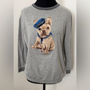 Talbots Gray Sweater with Frenchie Dog Design